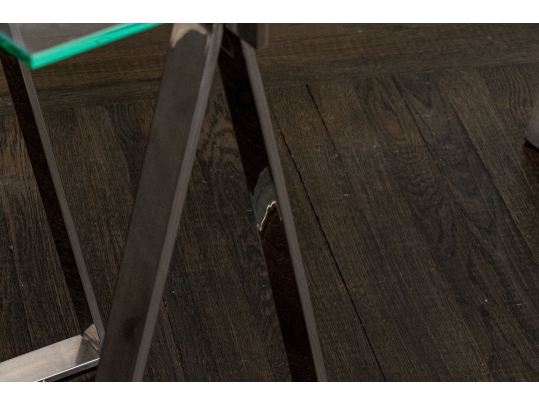 Chrome Framed Glass Top Desk With Sawhorse Form Pedestals