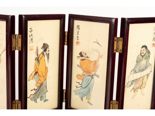 Chinese Hand-Painted Framed Silk Paintings Folding Table Screen