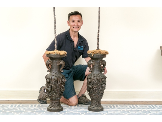 Pair Of Bronze Twin Handled Vases With Topiaries
