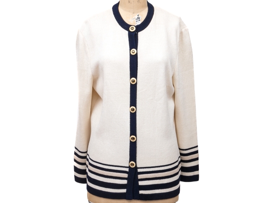 St. John Ivory White And Black Stripe Button Up Cardigan, Size 12