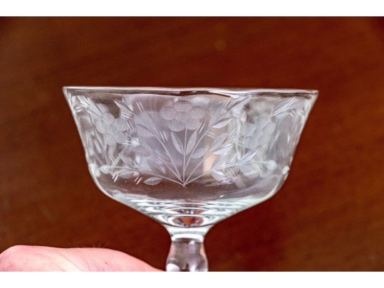 Set Of Six Elegant Etched Glass Champagne Coupes