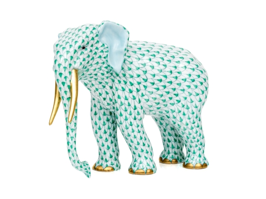 Herend Hungary Porcelain Elephant Figure, Green Fishnet Pattern