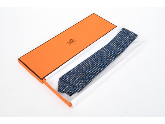 Hermes Handsome Navy Blue And Multi Color Silk Tie, With Box
