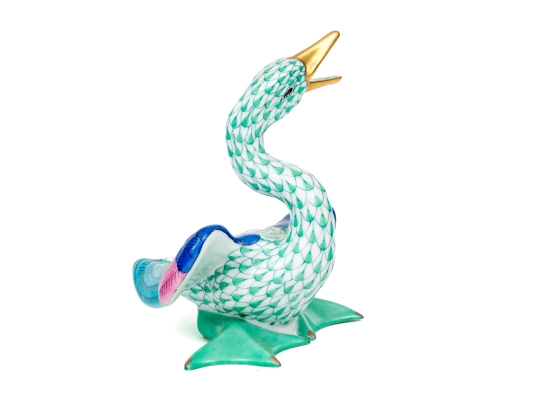 Herend Hungary Hand-Painted Porcelain Goose Figure, Green Fishnet Pattern With Polychrome Wings