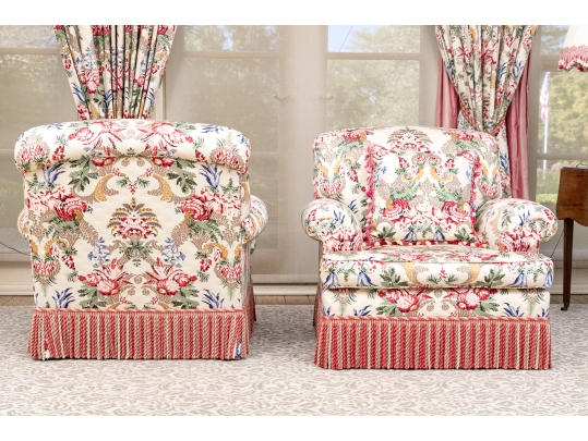 Lavish Pair Of Custom Upholstered Chairs With Bullion Fringe