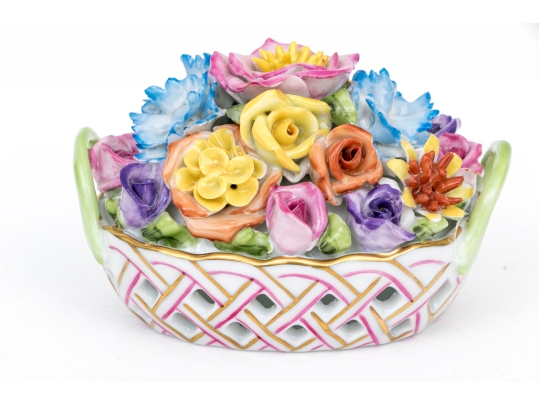 Two Herend Hungary Hand-Painted Porcelain Vibrant Floral Baskets 