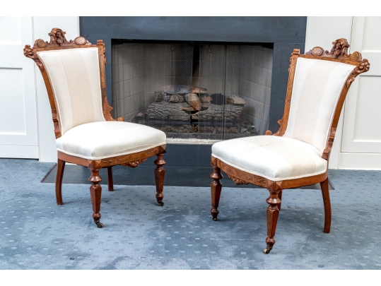 Pair Of Renaissance Revival Custom Upholstered Walnut Accent Chairs