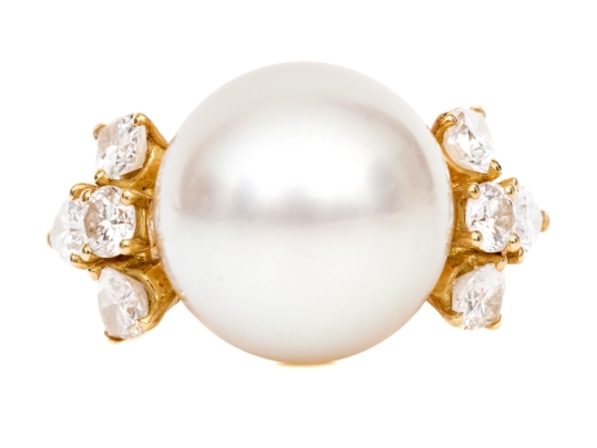 Fred 18k Yellow Gold Magnficent Vintage South Sea Cultured Pearl And Diamond Ring, Size 5.75