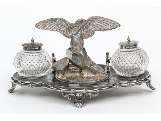 English Silver Plated Inkwell With Two Crystal Inkwells