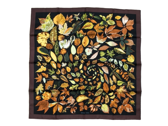 Hermès Striking Fall Leaves Motif Brown And Black Toned Silk Scarf