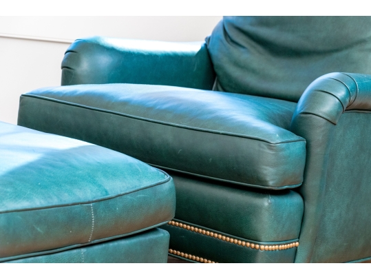 Hancock & Moore Green Leather Upholstered Club Chair With Ottoman
