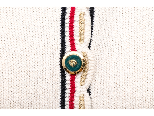 St. John Ivory White Button Up Red, Blue And Gold-toned Cardigan, Size 12