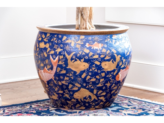 Chinese Fish Bowl Jardiniere With Dracaena Plant