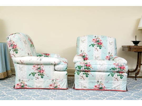 Pair Of Custom Upholstered Club Chairs And Ottoman