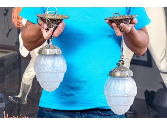 Pair Of Vintage Glass Shaded Pendant Lights