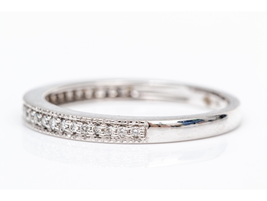 14k White Gold Milgrain Edge Diamond Band Ring, App. 0.07 TCW, Size 7