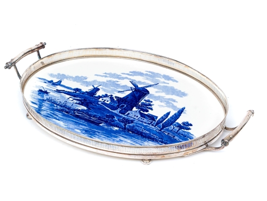 Vintage Silverplate And Blue And White Porcelain Tray