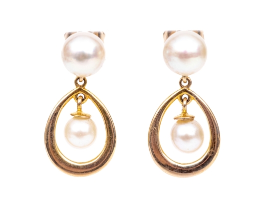 14k Yellow Gold Cultured Pearl And Gold Halo Drop Pendant Earrings