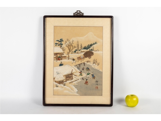 Framed Korean Painting On Silk Depicting Winter Village Scene