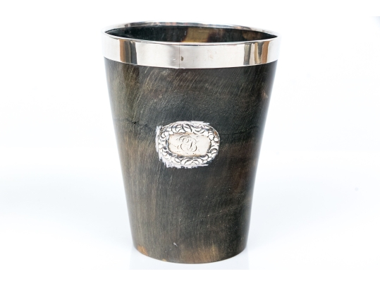 Antique English Collection Of Three Carved Horn Horn Cups, Sterling Mounted 