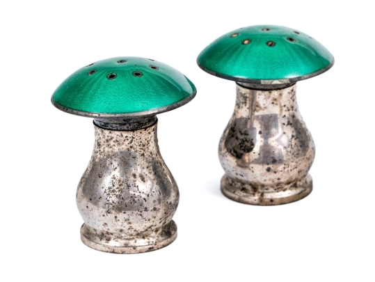 Pair Of Norwegian Enameled Sterling Silver Mushroom Salt And Pepper Casters