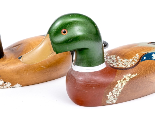 Two Hand-Painted Carved Wood Duck Decoys With Inlaid Eyes