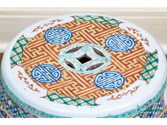 Two Chinese Famille Rose Enameled Porcelain Garden Stools