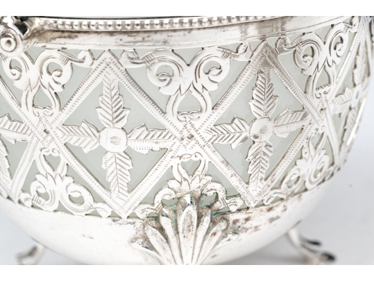 Compatible Pair Of Antique Sterling Silver And Silverplate With White Opaline Glass Baskets
