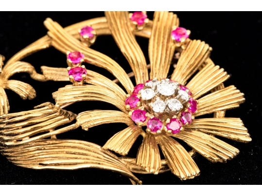 Karbra Yellow Gold Magnificent Vintage Ruby And Diamond Flower Cluster Brooch