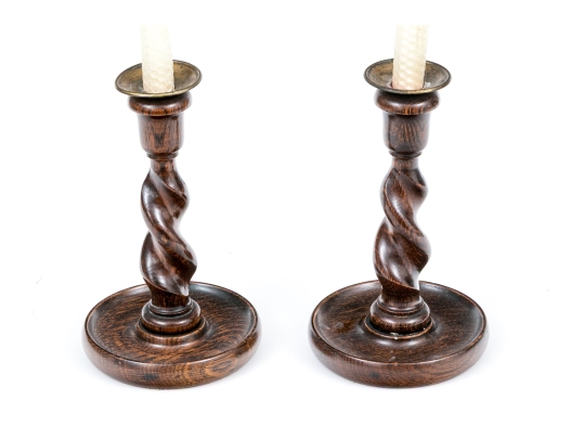 Pair Of Oak And Brass Barley Twist Candlesticks