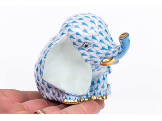 Herend Hungary Hand-Painted Porcelain Elephant, Blue Fishnet Pattern, First Edition