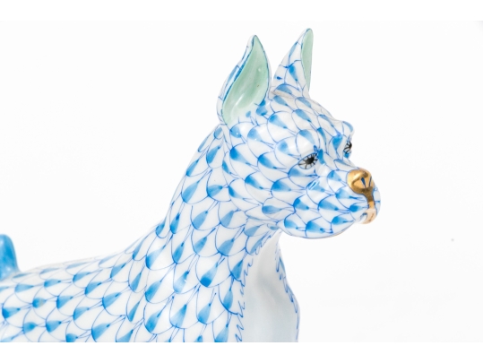 First Edition Herend Hungary Hand-Painted Porcelain Boxer Dog Figure, Blue Fishnet Pattern
