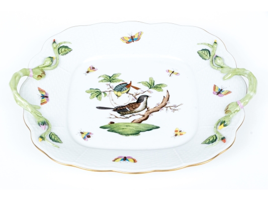 Herend Hand-Painted Porcelain Twin-Handled Square Serving Dish – Rothschild Bird (RO) Pattern