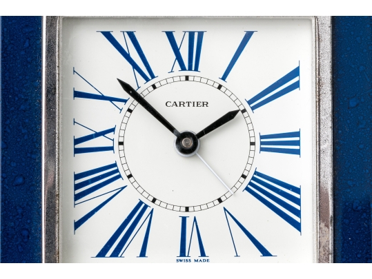 Cartier Vintage Blue Composite Deco Style Travel Clock, Ribbed Ends