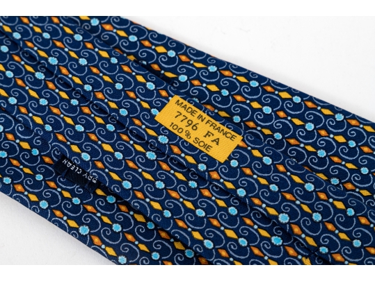 Hermes Handsome Navy Blue And Multi Color Silk Tie, With Box
