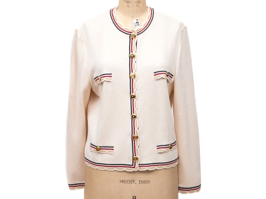 St. John Ivory White Button Up Red, Blue And Gold-toned Cardigan, Size 12