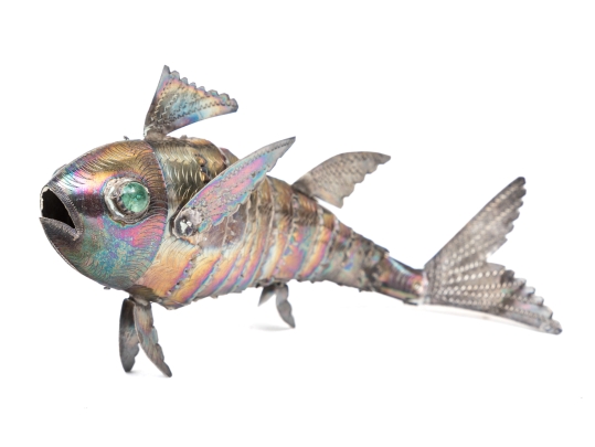 Vintage Sterling Silver Articulating Fish With Green Glass Eyes