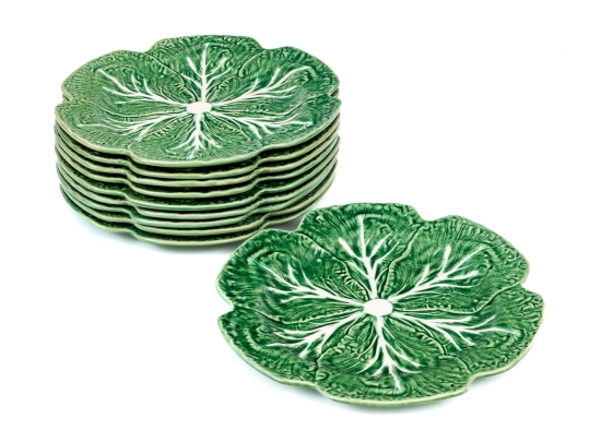 Set Of Ten Portuguese Bordallo Pinheiro Hand-painted Cabbage Form Chargers