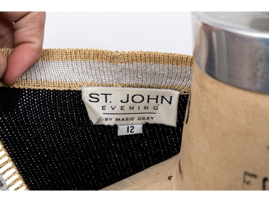 St. John Long Button Up From Black Sequinned Cardigan, Size 12