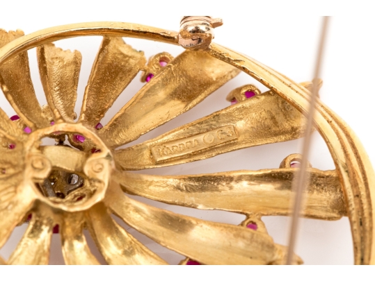 Karbra Yellow Gold Magnificent Vintage Ruby And Diamond Flower Cluster Brooch