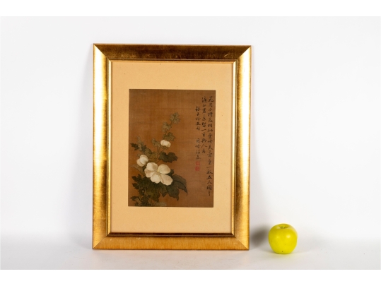 Framed Chinese White Blossom Watercolor On Silk 
