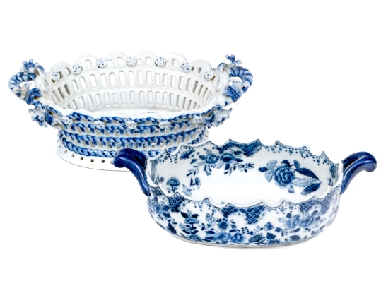 Two Decorative Blue And White Porcelain Twin Handled Serving Bowls