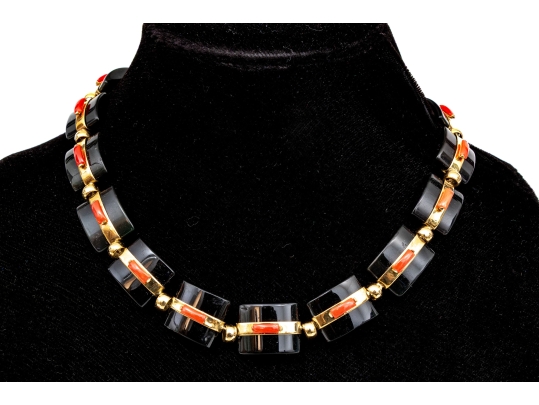 18k Yellow Gold Beautiful Chunky Square Black Onyx Pillow Link And Coral Set Necklace