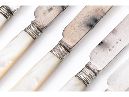 Set Of Antique English Mother Of Pearl Handled Knives, 28 Pieces