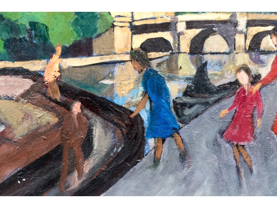 Georges Joubin (French, 1888-1983) Oil On Canvas, Ladies Boarding A Canal Boat