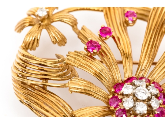 Karbra Yellow Gold Magnificent Vintage Ruby And Diamond Flower Cluster Brooch