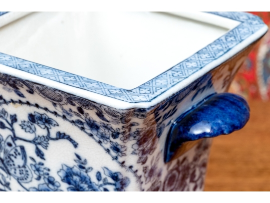 Pair Of Decorative Blue And White Twin Handled Square Beaker Vases