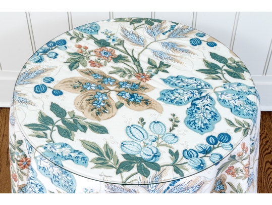 Bennison “Wheat Flower” Pattern Upholstered Skirted Table With Glass Top