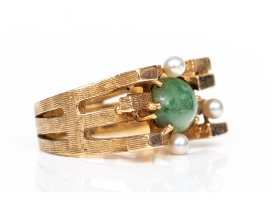 10k Yellow Gold Vintage Brutalist Style Nephrite Jade And Seed Pearl Set Ring, Size 4.75