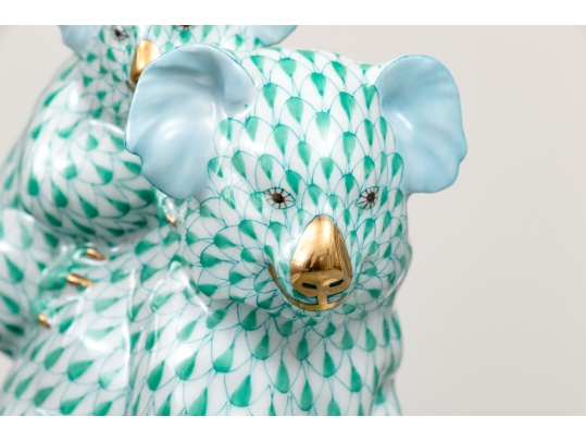 Rare Herend Hungary Hand-Painted Porcelain Koala With Baby, Green Fishnet Pattern